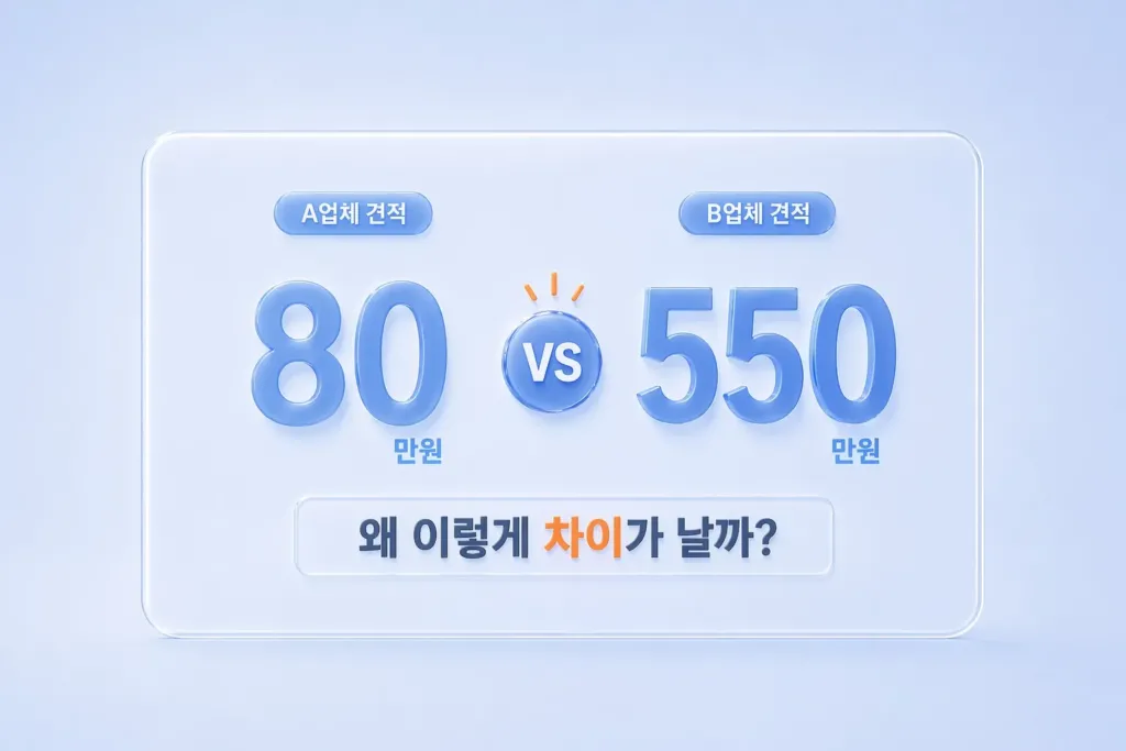 홈페이지 제작 비용이 다른 이유를 보여주는 80만원과 550만원 견적 비교