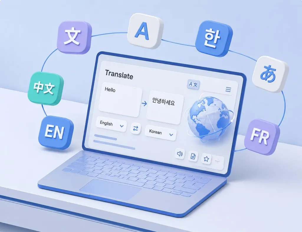 다국어 홈페이지의 번역 방식과 SEO·AI 검색 최적화를 표현한 3D 일러스트