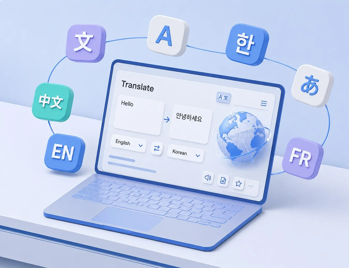 다국어 홈페이지의 번역 방식과 SEO·AI 검색 최적화를 표현한 3D 일러스트